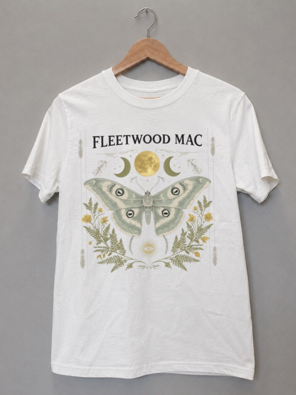 Fleetwood Mac Band White Graphic Tee with Moth and Moon Design